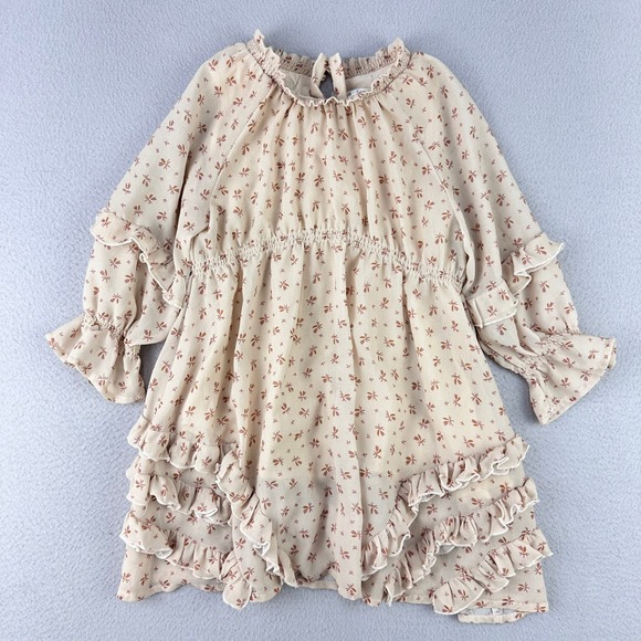 Noralee Other - Noralee Floral Ruffle Dress Girls 4 Beige Boho Tiered Smocked Long Sleeve